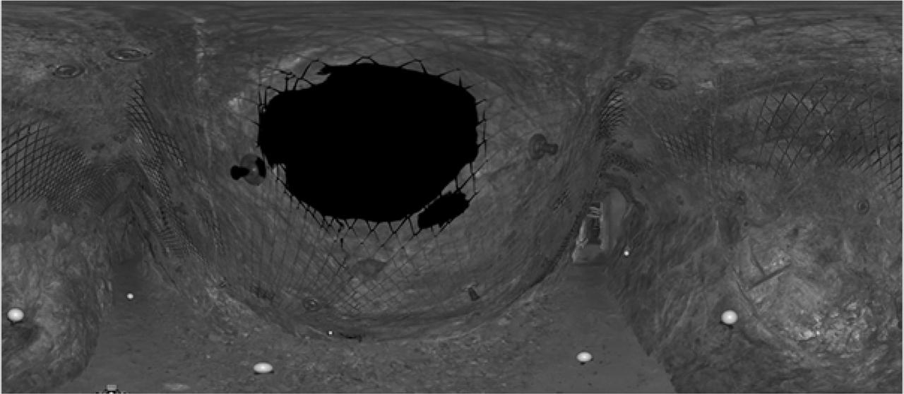 The intensity of the laser beam reflection in the adit (the black spot is a fragment of the sidewall closer than 60 cm from the scanner).