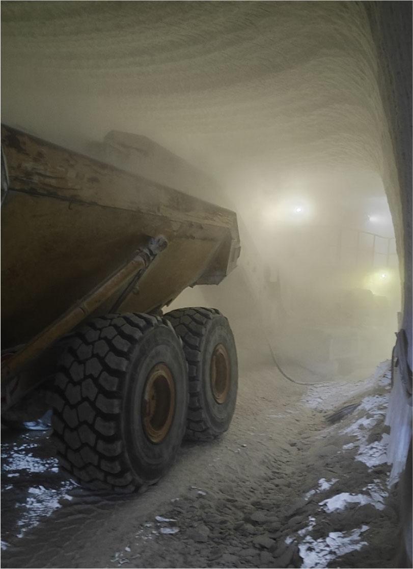 View of dust generated by a cutting machine during its operation.