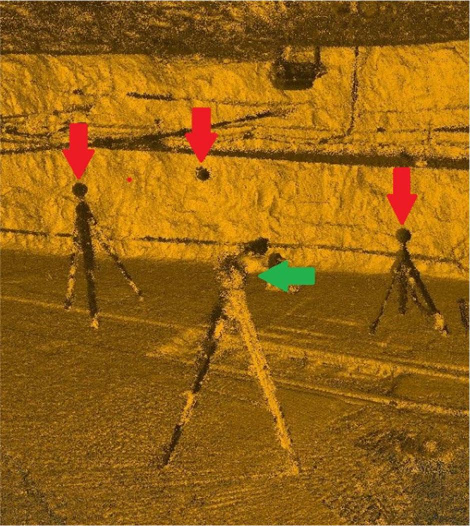 Example of spheres placed on tripods in a mining excavation. Red arrows mark the scanned spheres, and the green arrow indicates the location of the stationary scanner.