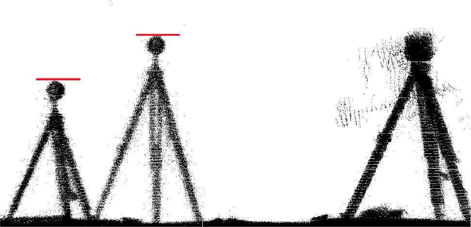 View of filtered point cloud with visible measuring spheres (on the left) and a stationary scanner (on the right). The red lines mark the place where the height of a given sphere is measured.