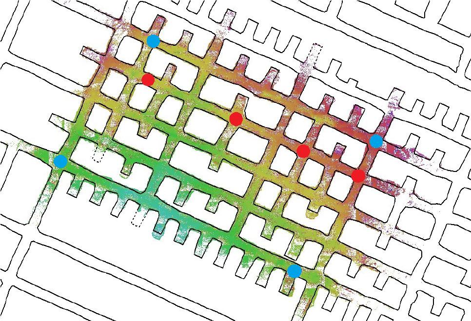 Diagram showing the distribution of points used for georeferencing purposes. Points with an unfavourable distribution are marked in red. Correctly distributed points are marked in blue for further use in calculations.