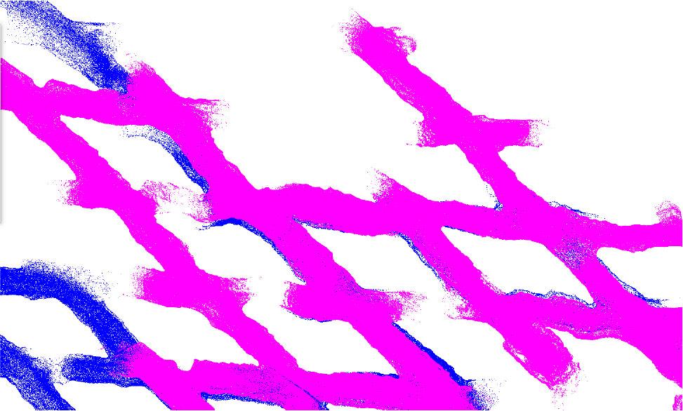 Overlay of two scans with each scan independently georeferenced. Places where there is a perfect fit for the scan are visible (blue scan is not visible) as are those places where the surfaces of the side walls are duplicated (blue scan points visible).