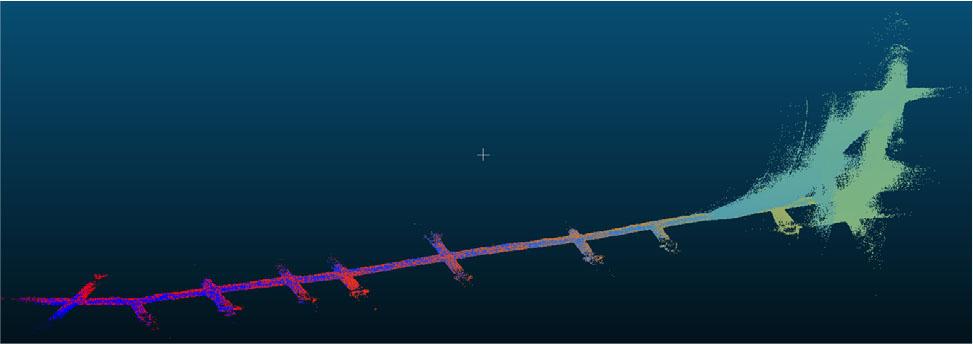 Example of a measurement performed by an inexperienced operator. As a result of the operator tripping, the scanner head moved too rapidly, which completely deformed the scan visible in the right part of the drawing.