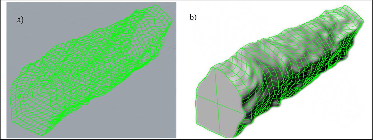 a) Open polyplane of the adit, generated in the RHINO program. b) Rendering of the solid generated in the RHINO program.