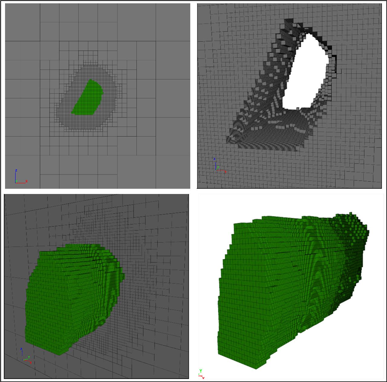 “Brick” zone mesh with “octree” density, generated in FLAC3D.