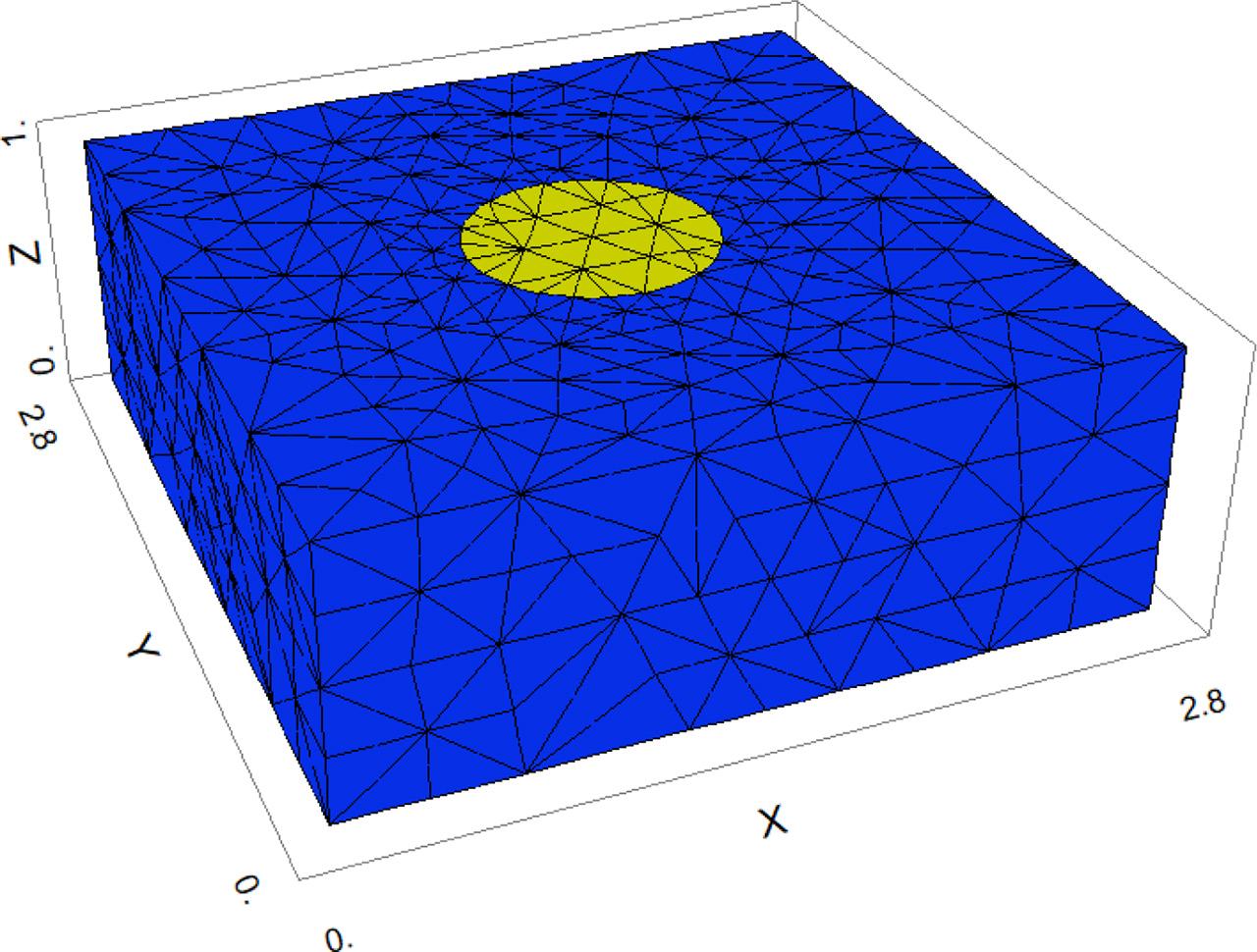 An example view of the RVE model (yellow color – column, blue color – soil).