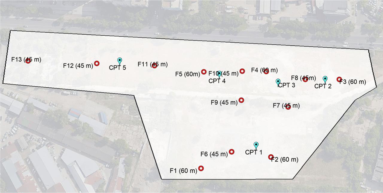 The studied site and the positions of the geotechnical investigations (source: Google Earth).