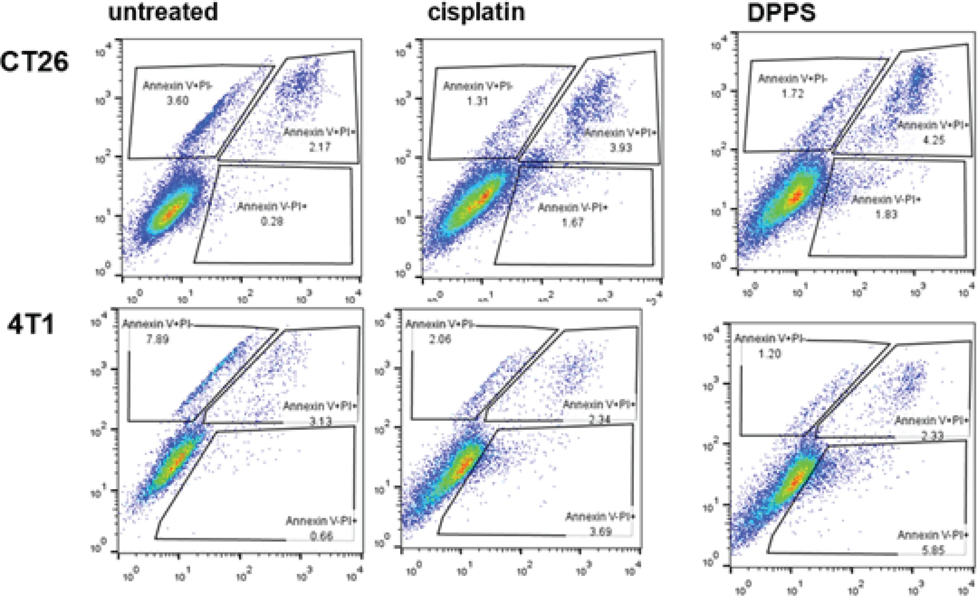 Representative flow plots showing the percentages of early- and late apoptotic and viable CT26 and 4T1 cells after 24 h of treatment with DPPS (0.01 mg/ml).