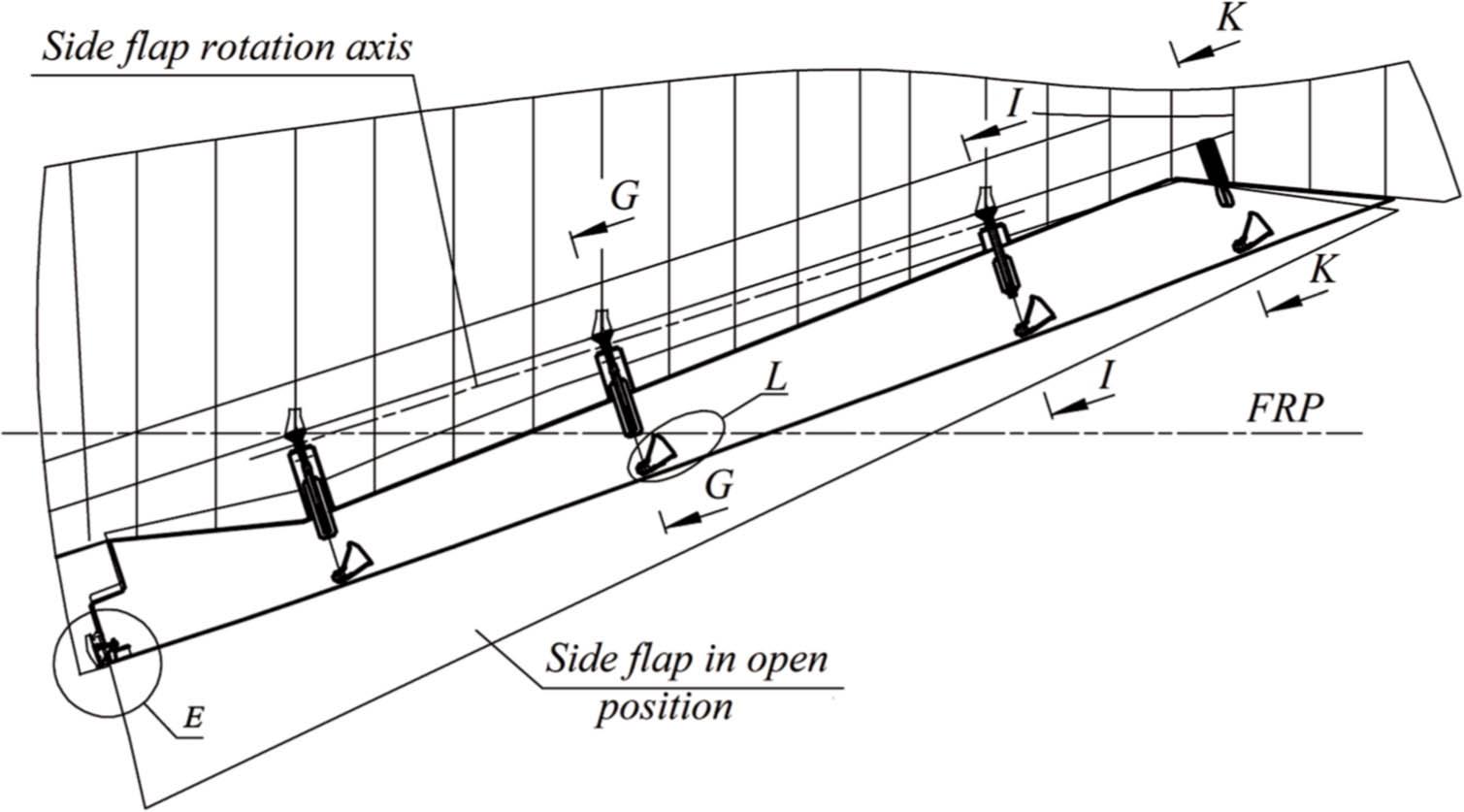 Side flaps catchers location. FRP, fuselage reference plane.