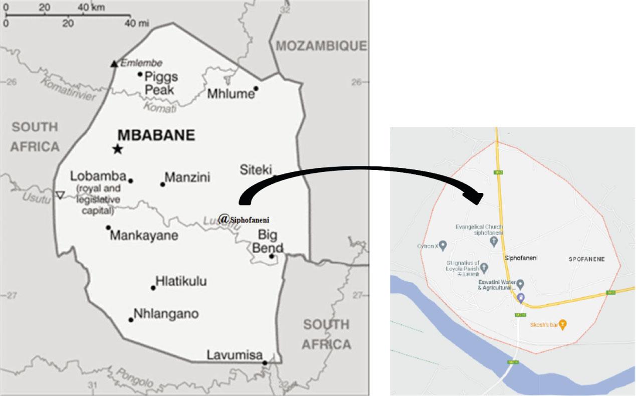 Map of Eswatini, commercial at (@) indicating the study location-Siphofaneni. The enlarged map indicating the Siphofaneni area.