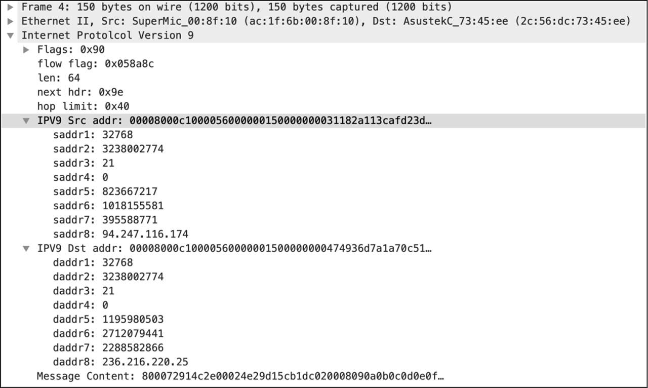 ICMPV9 request packet (using address encryption direction)