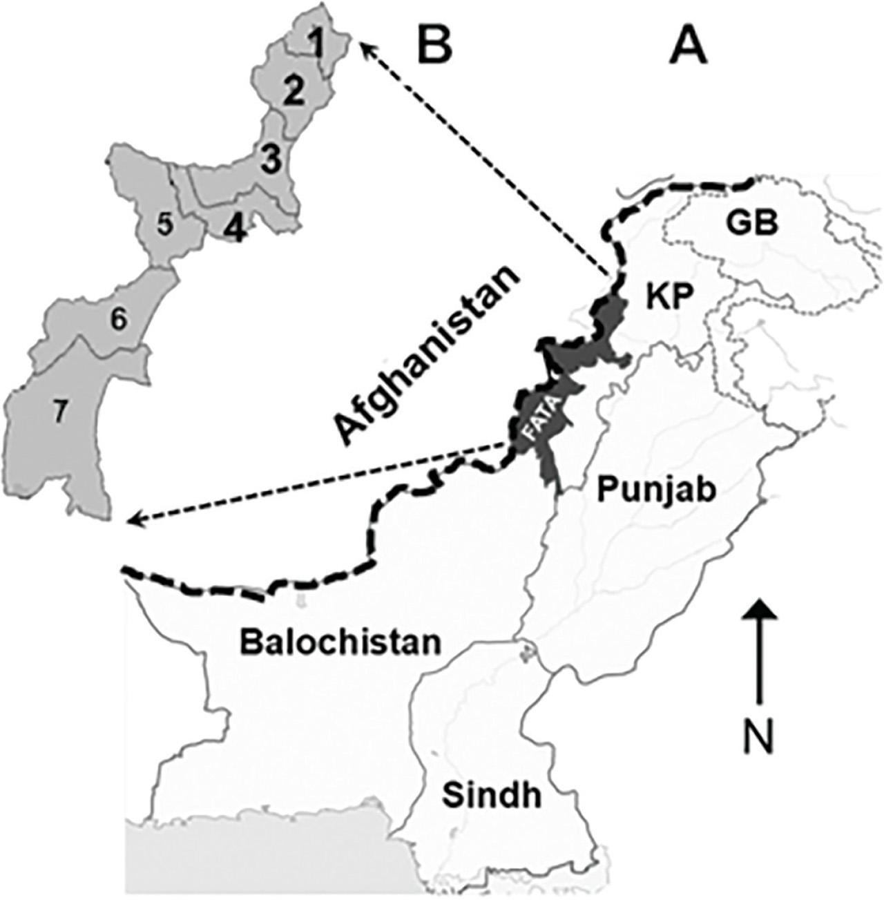 Map of Pakistan showing major provincial divisions (A) with a zoom-in map of FATA (B) depicting 7 districts from north to south: 1. Bajaur; 2. Mohmand; 3. Khyber; 4. Orakzai; 5. Kurram; 6. North Waziristan; and 7. South Waziristan. Data were collected from 4 northern districts (1–4) (modified from the source: https://worldmapblank.com/blank-map-of-pakistan/). FATA, Federally Administered Tribal Areas.