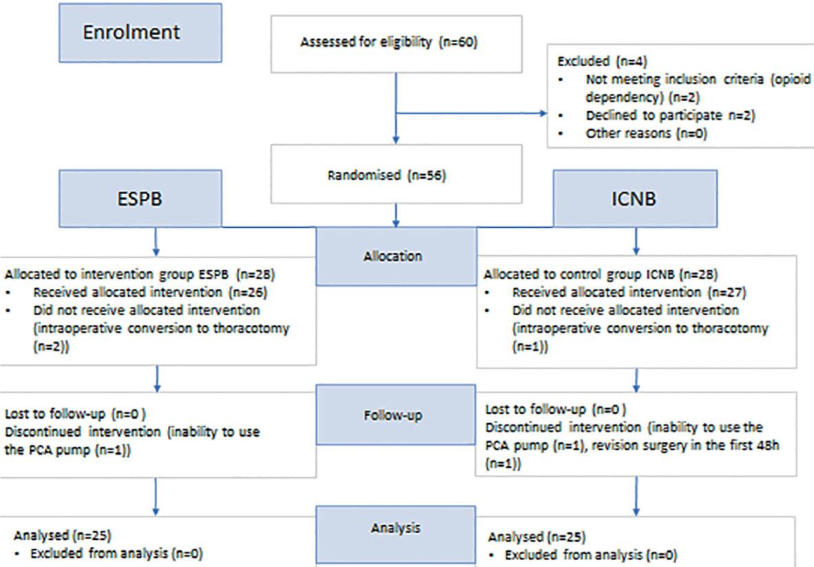 CONSORT flow diagram.ESPB = erector spinae plane block; ICNB = intercostal nerve block; PCA pump = patient-controlled analgesia pump
