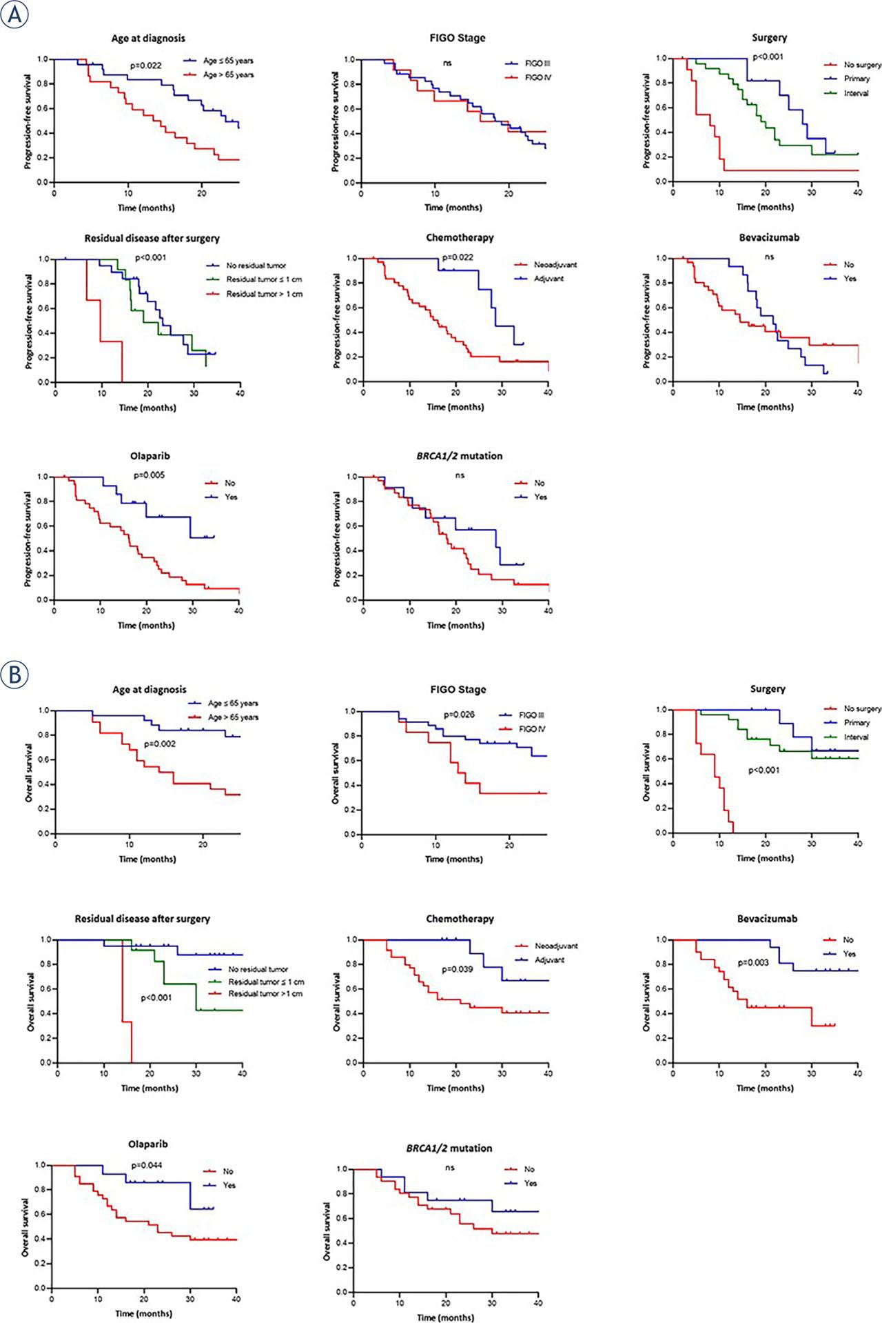 Kaplan-Meier curves for (A) progression-free survival (PFS) and (B) overall survival (OS) of high-grade serous carcinoma (HGSC) patients based on treatment characteristics.ns = non-significant