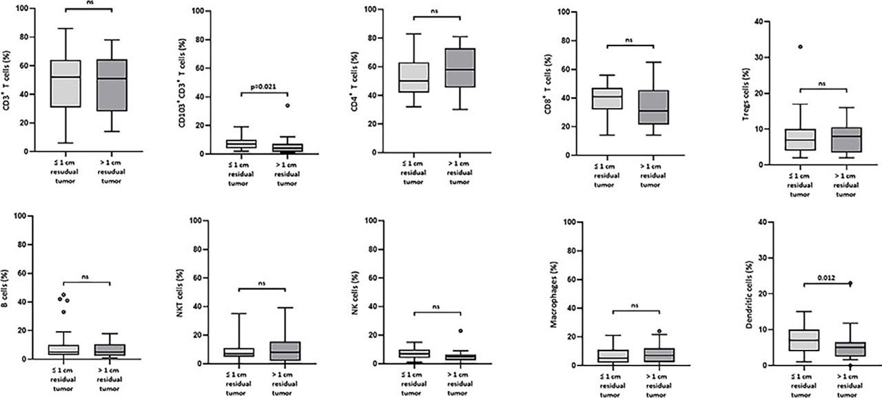 Box plots showing the median (range) and quartiles for the percentages of different immune cells at presentation and their association with residual disease after surgery (less (no and ≤ 1cm) residual tumor vs. more (< 1 cm and inoperable) residual tumor).