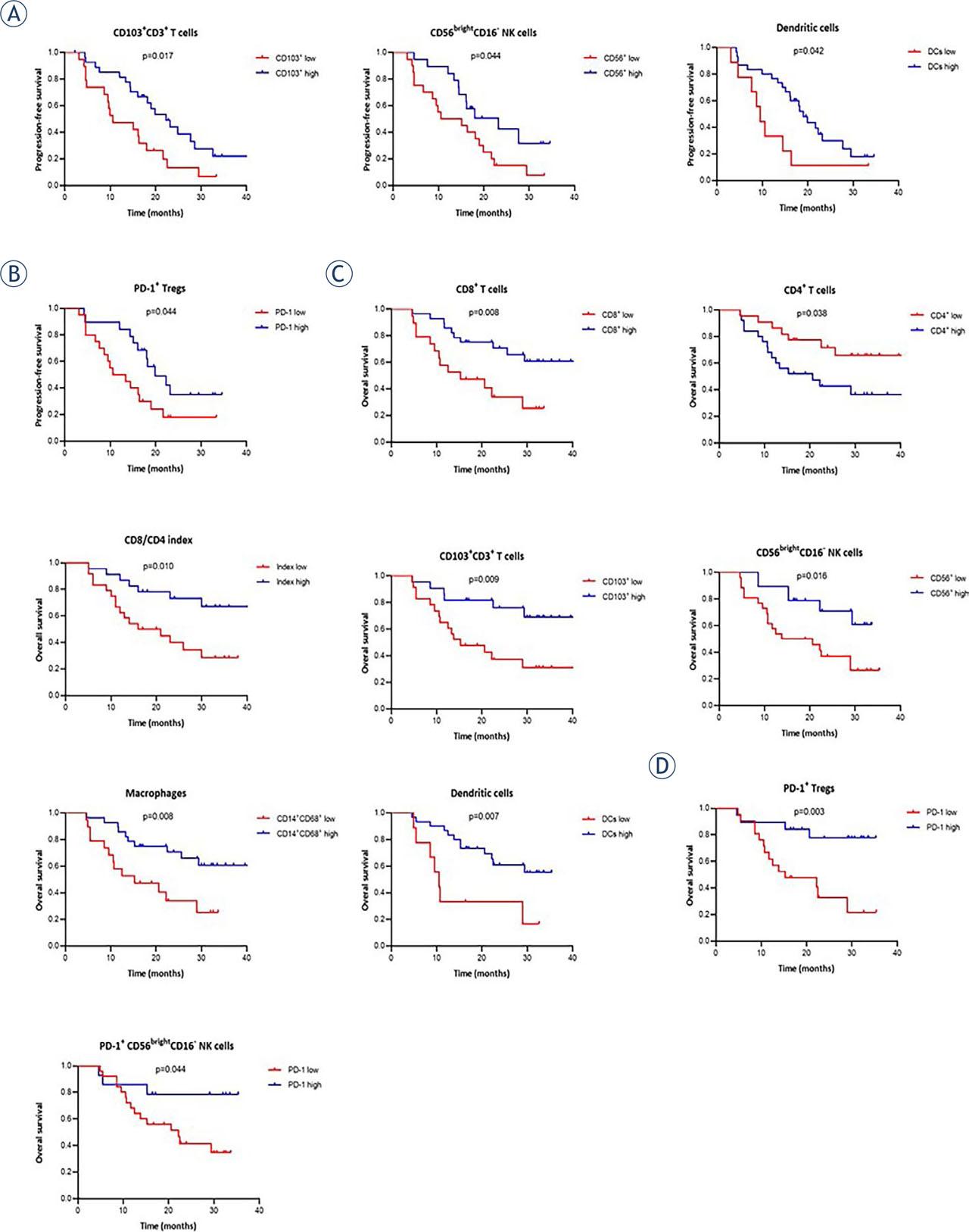 Kaplan-Meier curves for progression-free survival (PFS) and overall survival (OS) of high-grade serous carcinoma (HGSC) patients. PFS curves show significant differences for patients stratified as having (A) low or high percentages of immune cells, (B) low or high expression of PD-1 on immune cells, OS curves show significant differences for patients stratified as having (C) low or high percentages of immune cells, (D) low or high expression of PD-1 on immune cells. Cut-off values were based on the population median. P-values for significant differences are given.