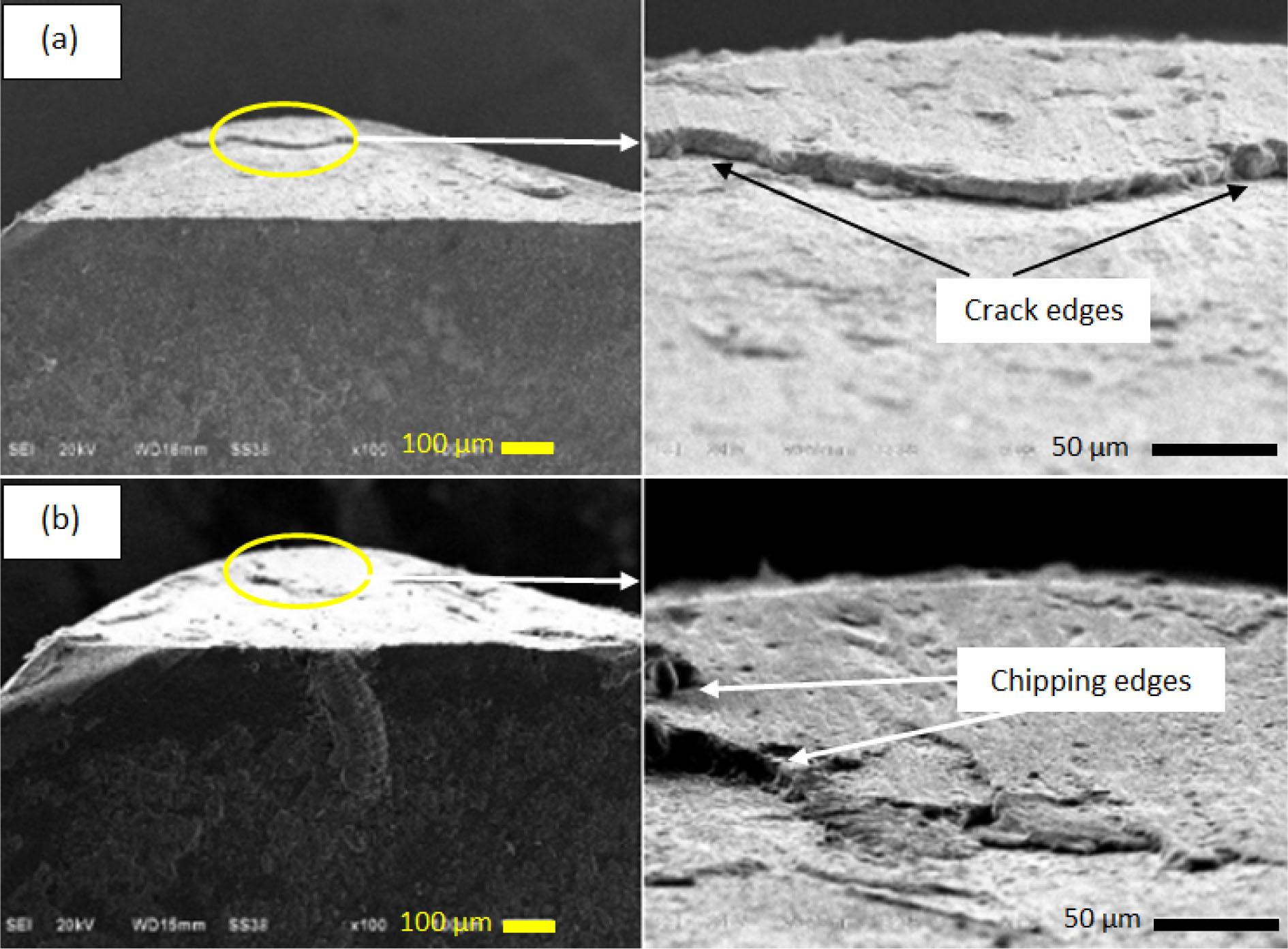 SEM images of (a) Al2O3+TiC and (b) TiN+AlCrN failed inserts after turning for more than 75 min