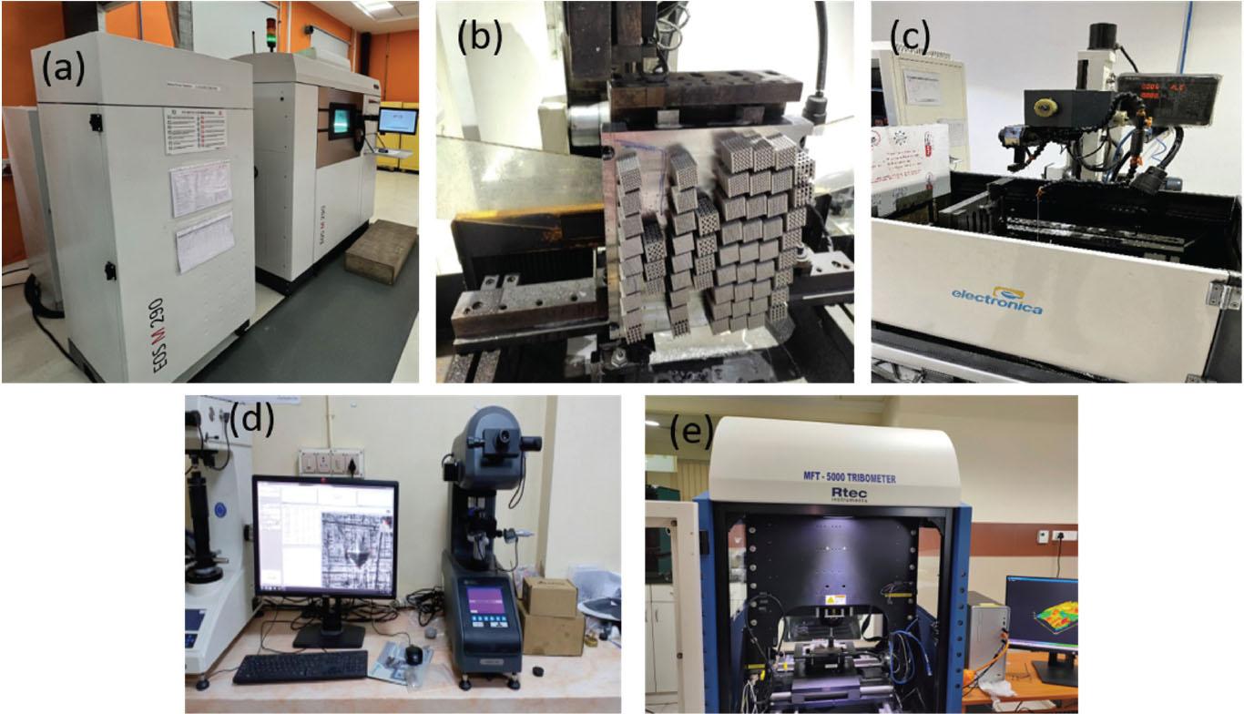 (a) Laser powder bed fusion process for printing of micro-lattice specimens: EOS M290; (b) micro-lattice specimens honeycomb and gyroid; (c) w-EDM machine; (d) Micro Vickers hardness machine; (e) surface roughness measurement device
