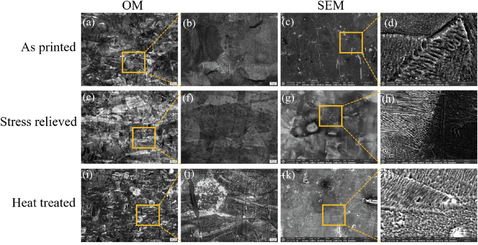 OM and SEM images for gyroid lattice structures: (–d) as printed. (e–h) stress relieved, (i–l) heat treated