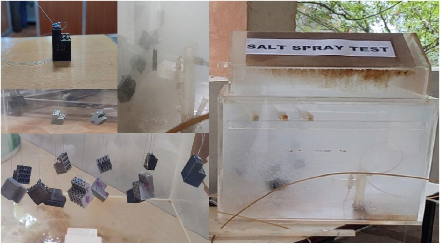 Micro-lattice A286 test specimens placed in salt spray test chamber