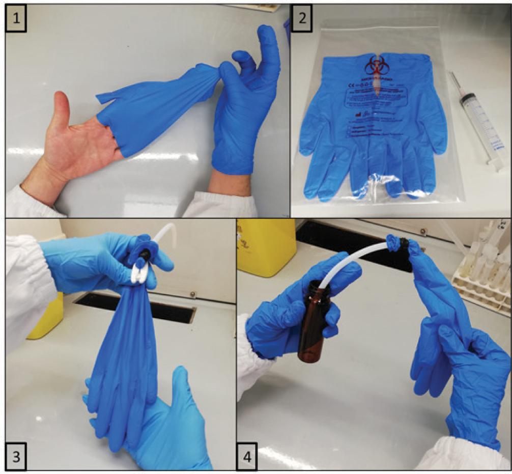 Nitrile glove sample collection (panels 1 & 2) and extraction procedure (panels 3 & 4)