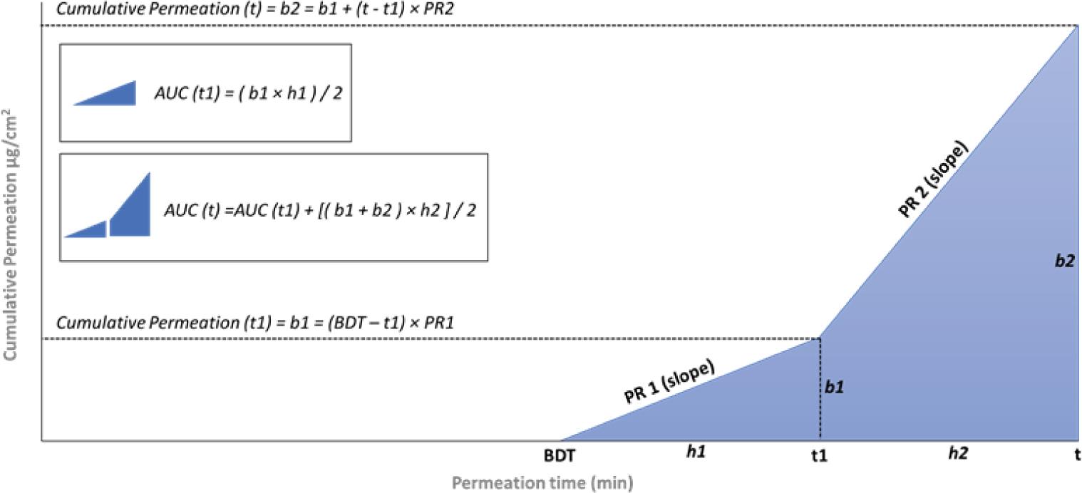 Calculation of the cumulative permeation and area under the curve at different time points. AUC – area under the curve; b1 – cumulative permeation (t1); b2 – cumulative permeation (t); BDT – breakthrough detection time; PR1 – permeation rate (t1); PR2 – permeation rate (t)