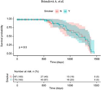 Correlation of smoking status and overall survival probability presented using Kaplan-Meier survival curves. N signifies non-smokers, while Y represents smokers.