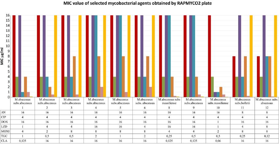 MIC value of selected antimycobacterial agents obtained by RAPMYCO2 plate. AN – amikacin, CIP – ciprofloxacin, DOX – doxycycline, LZD – linezolid, MXF – moxifloxacin, TGC – tigecycline, CLA – clarithromycin, IMI – imipenem