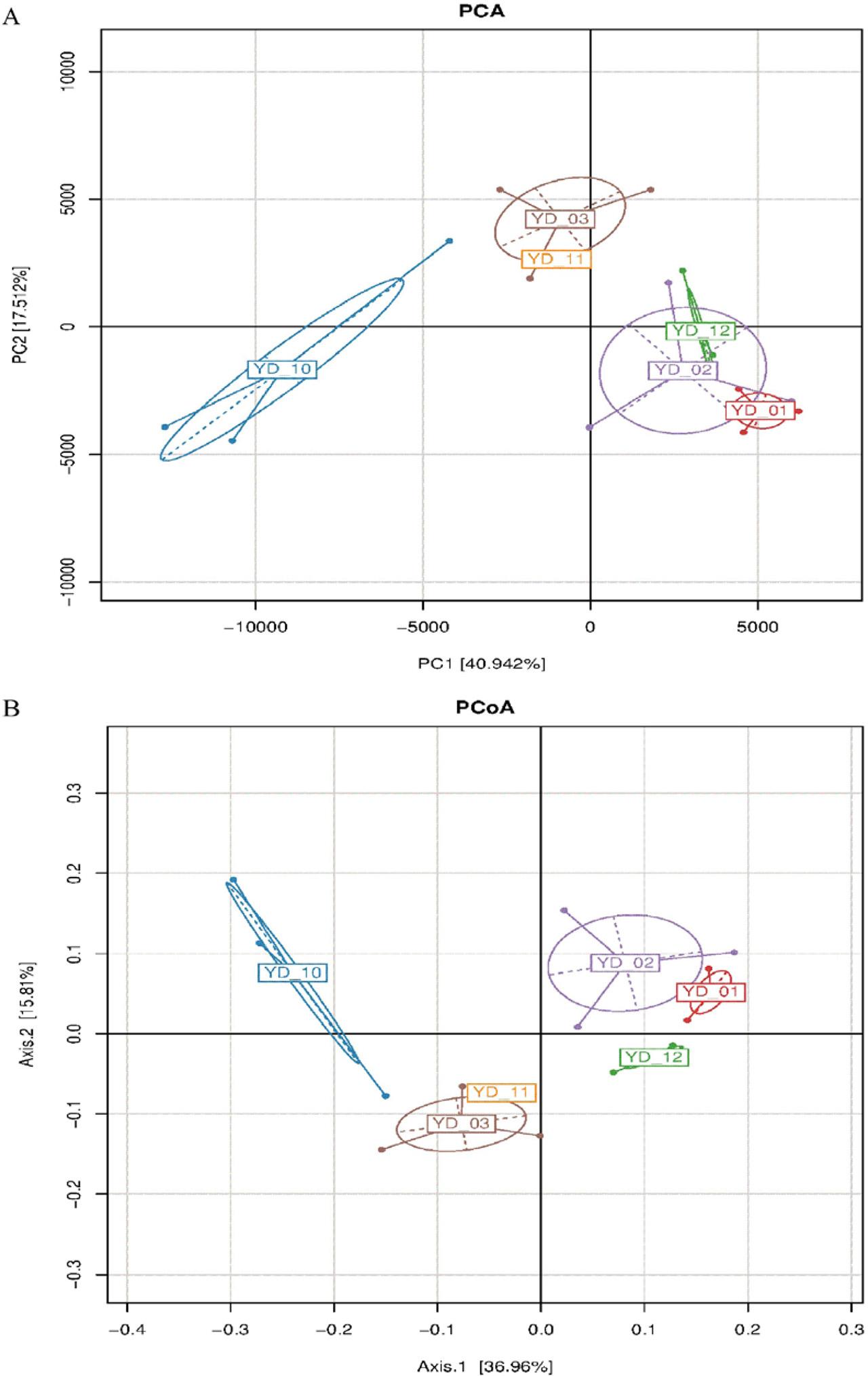 Principal component analysis (PCA) and principal coordinate analysis (PCoA). Each point is a sample, and each color represents the samples collected from October 2022 (YD_10) to March 2023 (YD_03). The lines indicate relative distances.