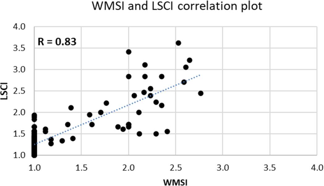 Correlation plot between echocardiographic derived WMSI and LSCI.