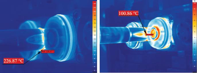 Temperature distribution (°C) during the forming in 1 pass (left) and in the first pass of 3 passes experiment (right)