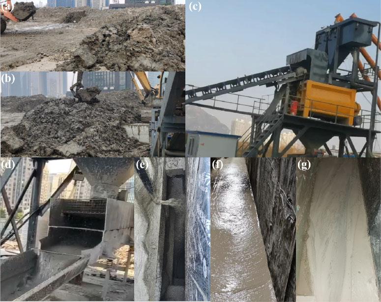 Engineering Demonstration Application of Fluidized Solidified Soil on Project Sites; (a) The site for drying the sediment; (b) Measurement and transportation of sediment; (c) Mixer; (d) Fluidized solidified soil discharge; (e) Pumping pouring; (f) Self-leveling of fluidized solidified soil; (g) Curing and shaping