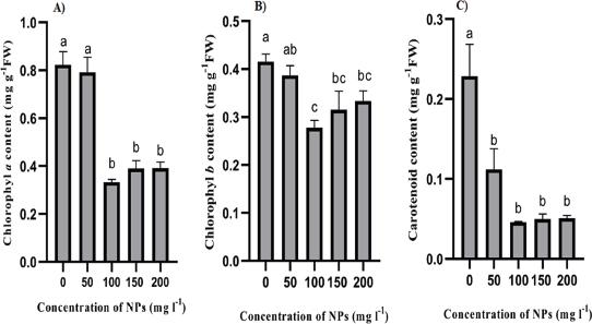 Effects of different concentrations of V2O5 NPs on photosynthetic pigment contents in C. vulgaris after 96 h of exposure. Different letters show significant differences according to Duncan’s test at p < 0.05. The results are shown as mean averages ± SE (n = 3).