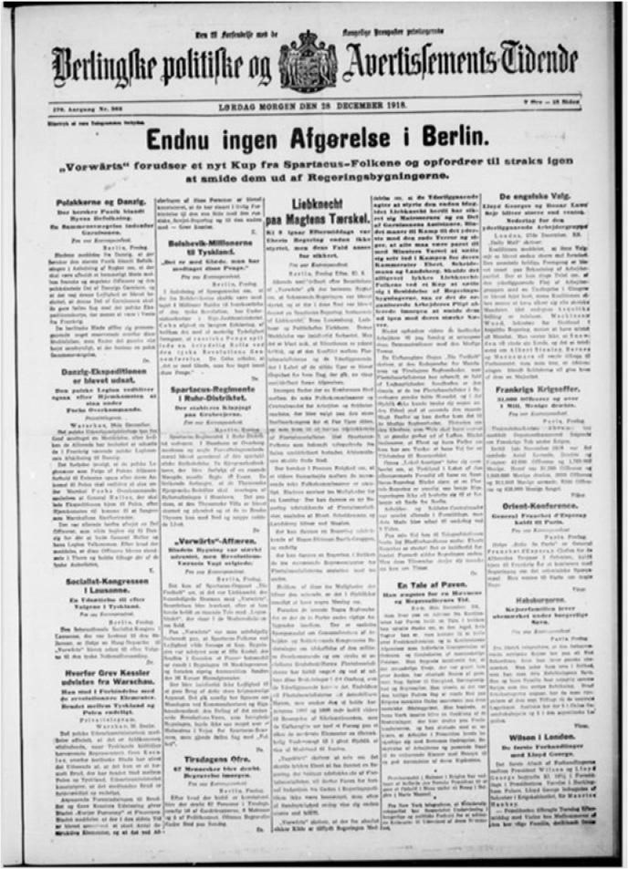Berlingske politiske og Avertissements Tidende, 1918Comments: The front page indicates that the content appeared in each issue in the order it was received and was not yet labelled or sectioned clearly. Therefore, non-news genres appeared randomly in the newspaper.