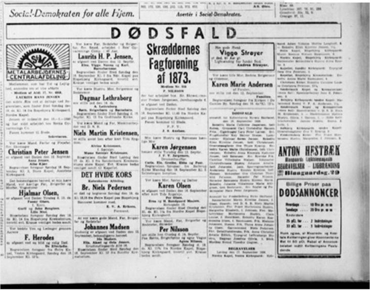 Death ad section from the socialist newspaper Social-Demokraten, 1938Comments: Both the Metal Workers Union and Tailors Union of 1873 placed death ads urging union members to attend the funeral of a former colleague.
