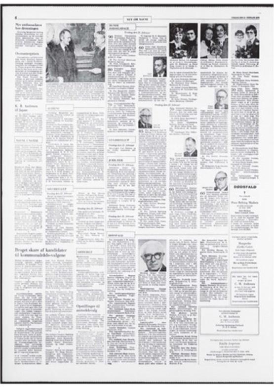 The “Names” page in Jyllands-Posten, 1978Comments: Several notices on birthdays and deaths are listed alongside wedding anniversaries and the audience list from the Queen’s court.
