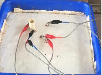 Photograph of the phantom used in the study. Tap water of about 1cm height covers the base made with a cork sheet (foam plastic). The plastic pipe shown is an insulating object which was placed at different points to measure the sensitivity of the system.