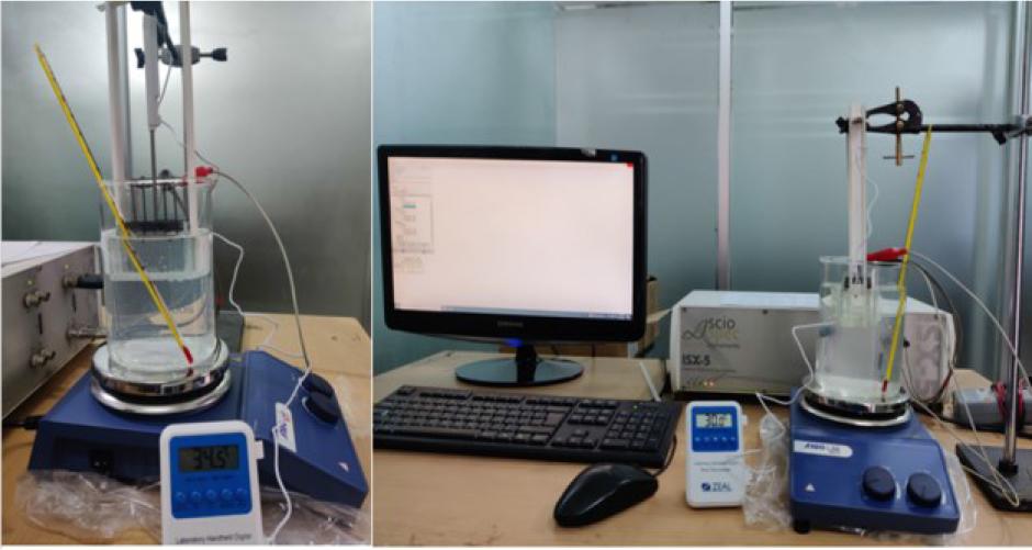 Experimental setup for impedance measurement from different biological samples using a bioimpedance spectrometer while heating on hot water bath.