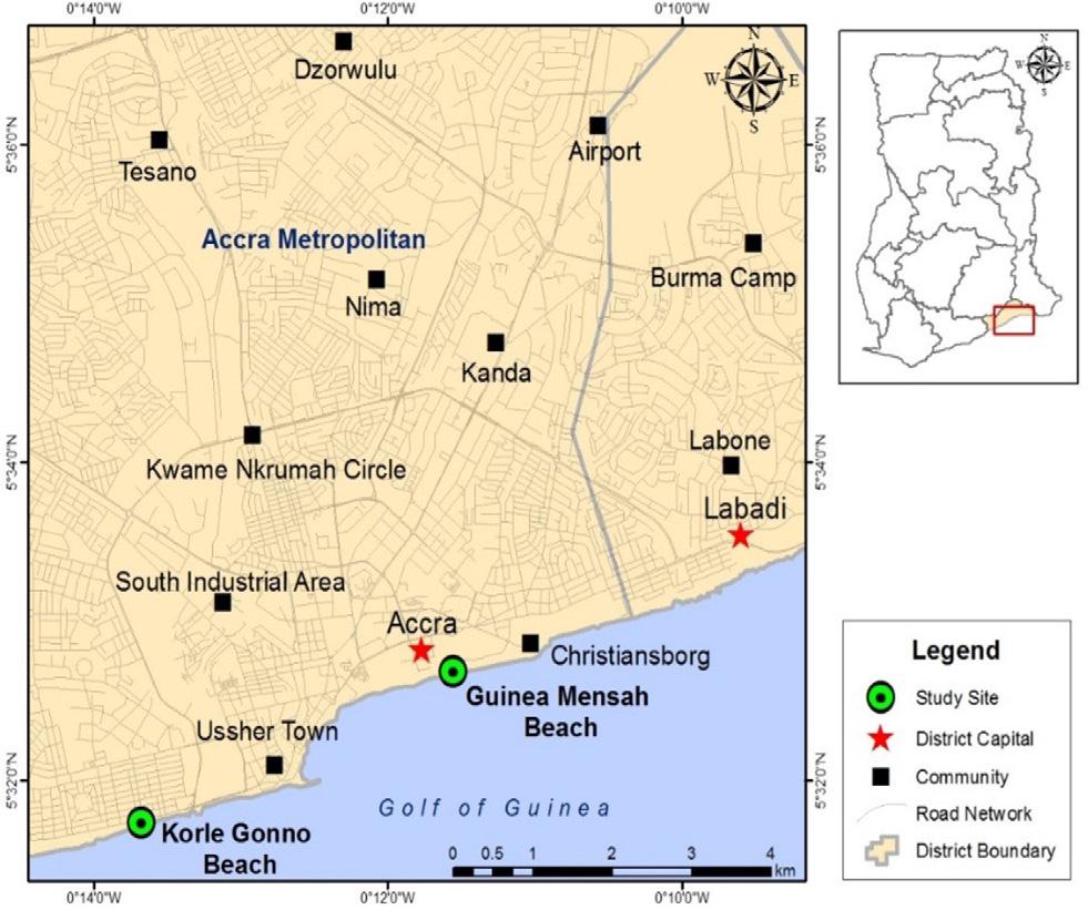 Map of the Accra Metropolitan Area showing the study BeachesSource: University of Cape Coast GIS Unit, 2021.