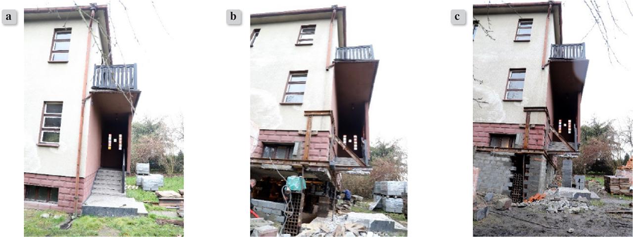North-western corner of the two-storey building: a) prior to rectification, b) during rectification, c) after rectification with noticeable displacement uobj = 1312 mm