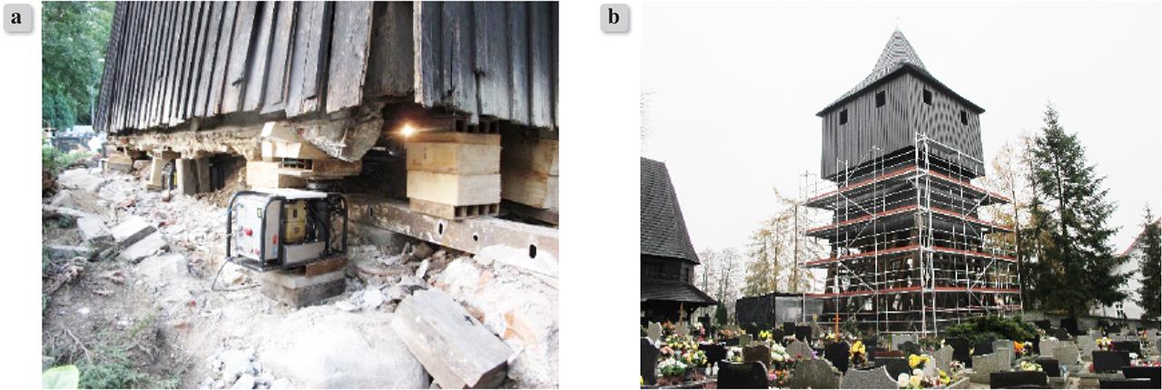Tower during works of a) rectification, b) replacement of roof sheathing