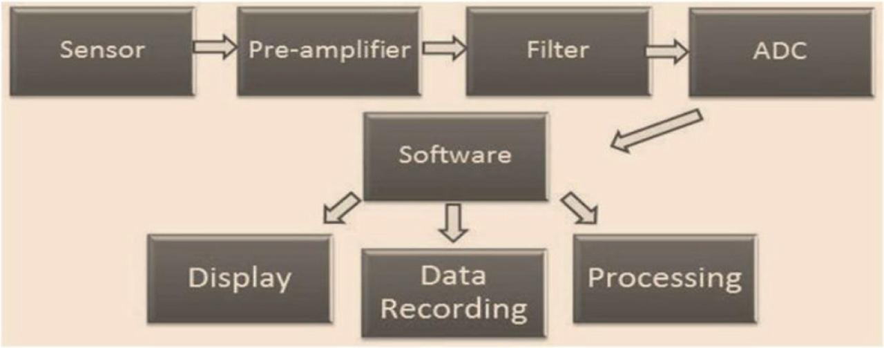 Schematic diagram of sensors, pre-amplifier, and filters used in PCG signal analysis. PCG, phonocardiogram.