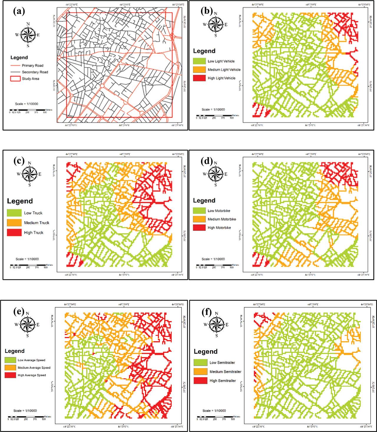 Different spatial data used in this study: (A) Road networks; (B) Low, medium, and high light vehicles; (C) Low, medium, and high trucks; (D) Low, medium, and high motorbike; (E) Low, medium, and high semitrailer; (F) Low, medium, and high bus; (G) Low, medium, and high average speed; (H) Low, medium, and high maximum speed; (I) DSM. DSM, digital surface model.