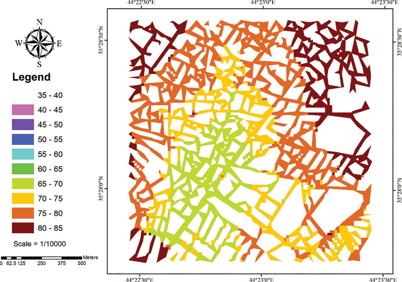 2D average noise prediction map for roads in the study area from 2D ANN noise model. 2D, two-dimensional; ANN, artificial neural network.