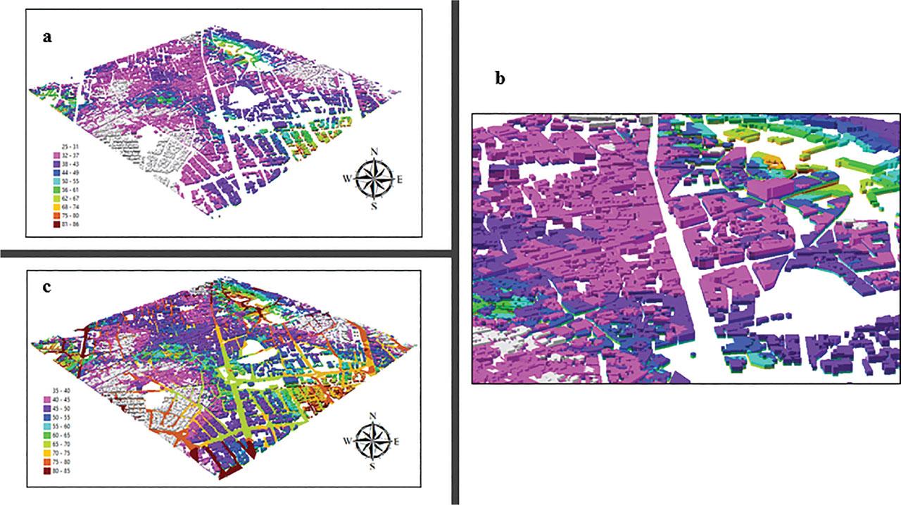 (A) 3D average noise prediction map for building in the study area from the 3D noise model, (B) average noise prediction map for building in the study area from the 3D noise model for part of the study area, (C) average noise prediction map for roads and building at the study area through combined 2D and 3D model maps. 2D, two-dimensional; 3D, three-dimensional.
