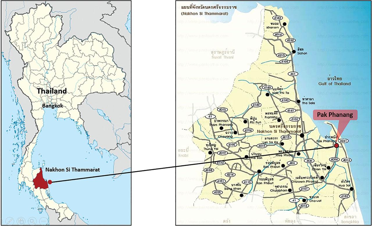 The red circle inside Thailand map indicates Nakhon Si Thammarat Province (left-hand side), and another red circle inside the Nakhon Si Thammarat Province map indicates Pak Phanang District (right-hand side).