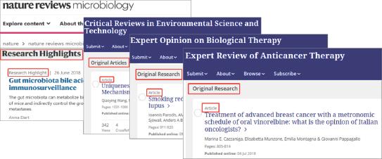 Examples of section headings and document type annotations for mixed review journals.