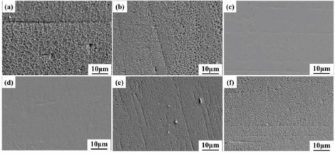 Microstructure of the coatings: (a) B0, (b) B4, (c) B6, (d) B8, (e) B12, (f) B16