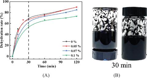 Effect of S1O2 concentration on stability of acidic crude oil 1# (A); the appearance of 2# ordinary crude oil emulsion after standing for 30 min (B) Notes: In panel (B), the 2# ordinary crude oil emulsion showed good stability and no obvious creaming phenomenon after standing for 30 min