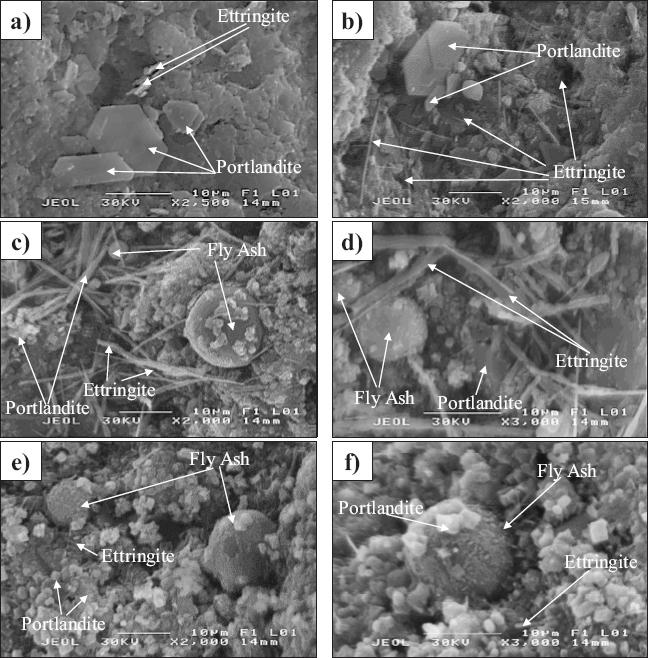SEM micrograph detail of: (a,b) samples of mortars substituting Portland cement for 0% residual fly ash; (c, d) samples of mortars substituting Portland cement for 10% residual fly ash; (e, f) samples of mortars substituting Portland cement for 15% residual fly ash